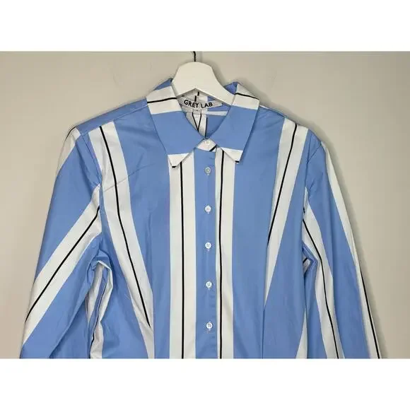 Grey Lab Stripe Power Shoulder Mini Shirtdress Powder Blue/ White Womens M NWT - Picture 4 of 11